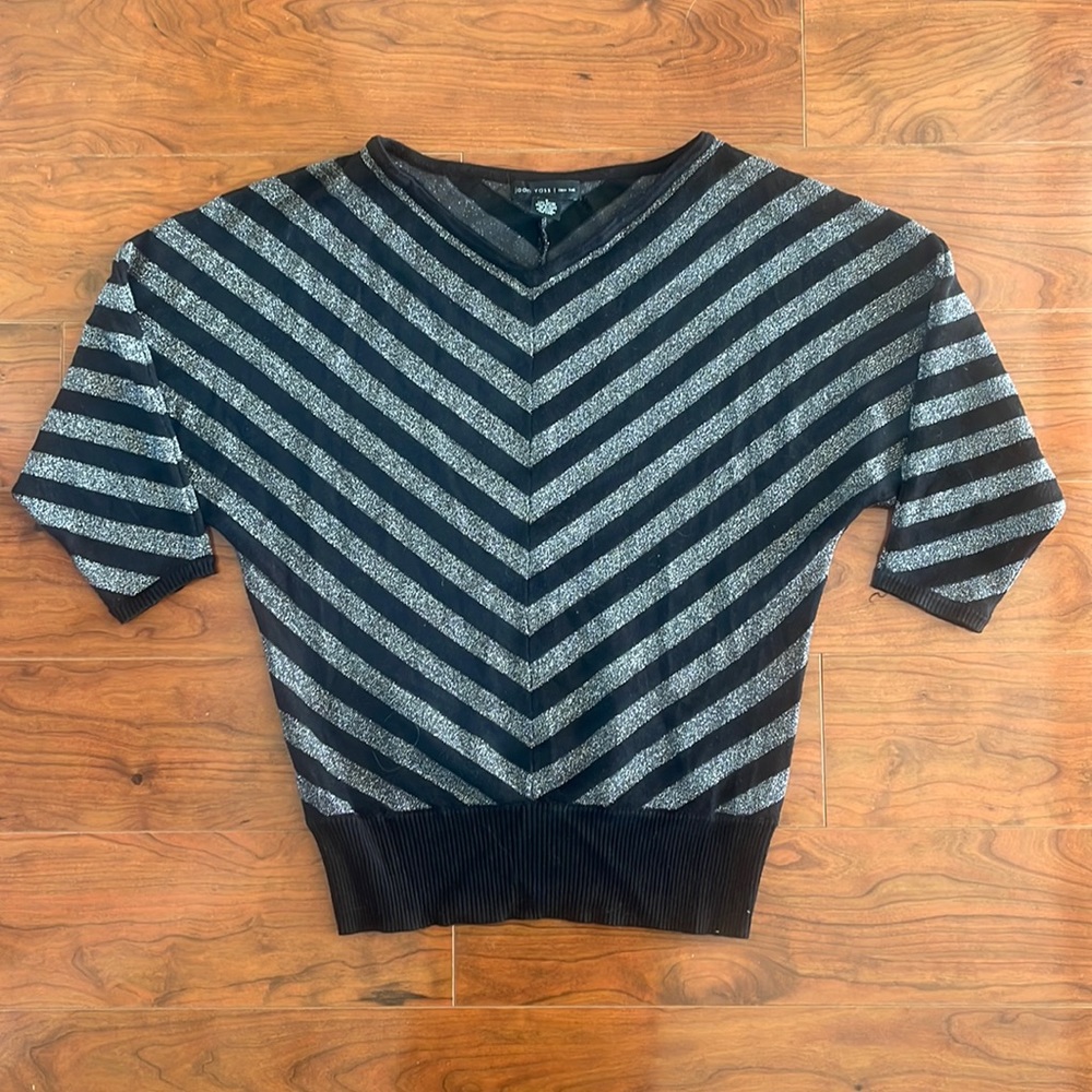 COPY - Joan Vass Black and Silver Striped Bat Wing V Neck Sweater